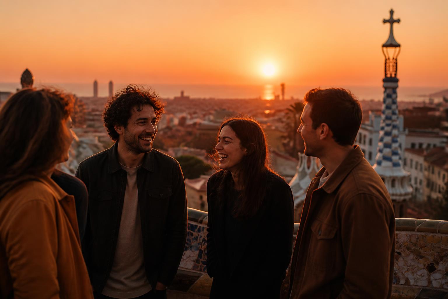 Amigos en una azotea de Barcelona al atardecer disfrutando de un plan sorpresa de Planly